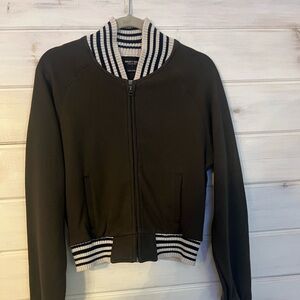 Nasty Gal Olive Green Jacket Beige Stripe Trim Size Large Zip Up Pockets Sporty